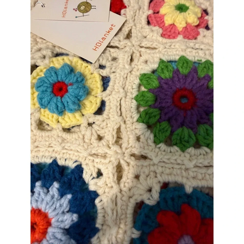 HBlanket Crochet Floral Granny Square Throw Blanket Multicolor Boho Cream NEW